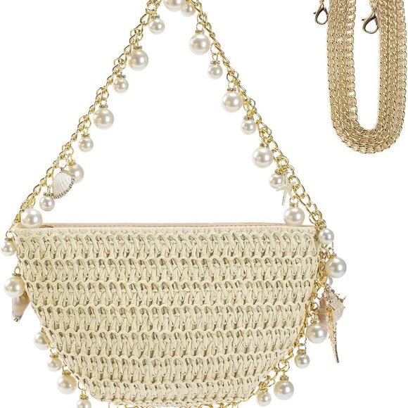 Women 9 Inch Straw Clutch with Pearl Beads & Detachable Straps for Beach, Weddin - Picture 1 of 8